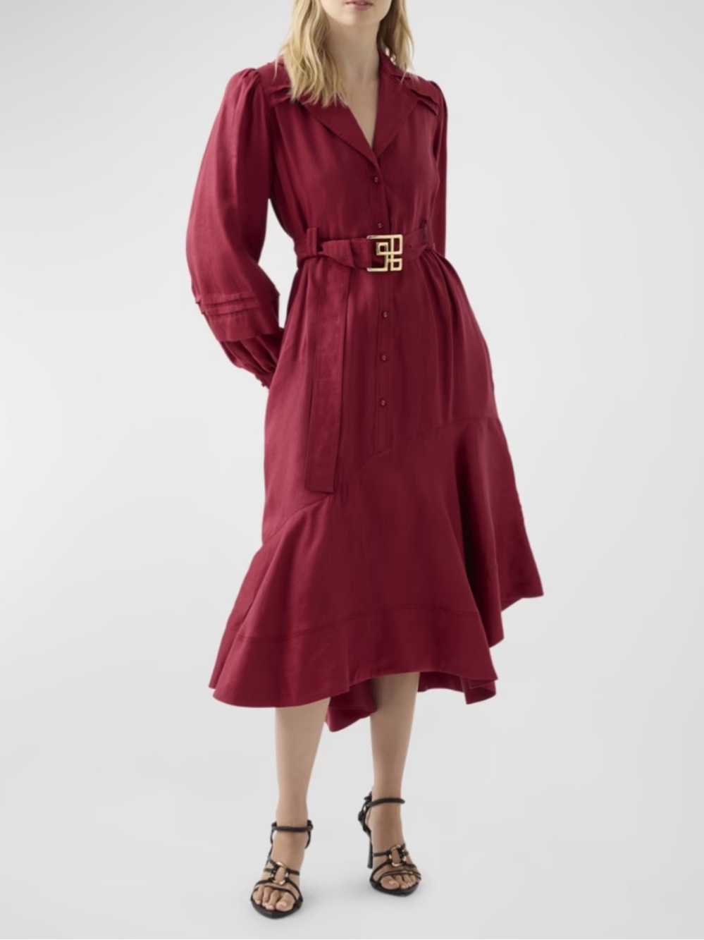 Aje Caroline Midi Linen Blouson Dress Puff Sleeve  Asymmetrical Sz 4